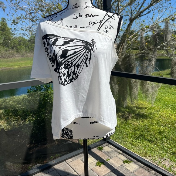 Shein Butterfly Print Asymmetrical Neck Blouse - Picture 2 of 5